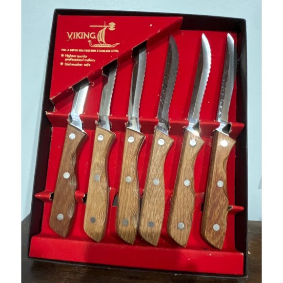 Viking 6-Pc Steak Knife Set With Super Molybdenum Stainless Steel Blades & Wood - Picture 5 of 8